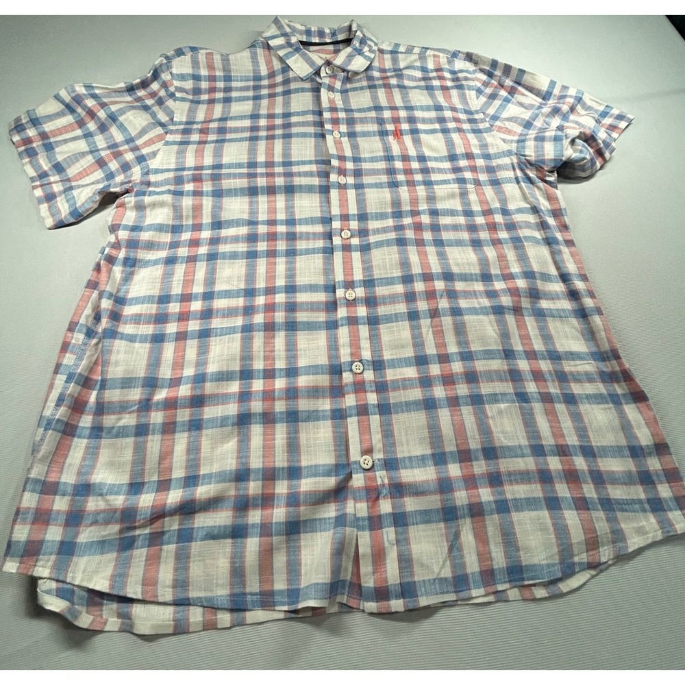 Johnnie-O Hangin Out Mens Large Short Sleeve Plaid Button Down Shirt Blue Red